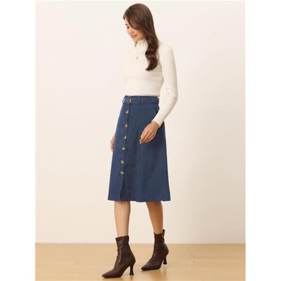 Womens High Waist Button Front A-Line Skirt Navy Blue - Picture 3 of 5